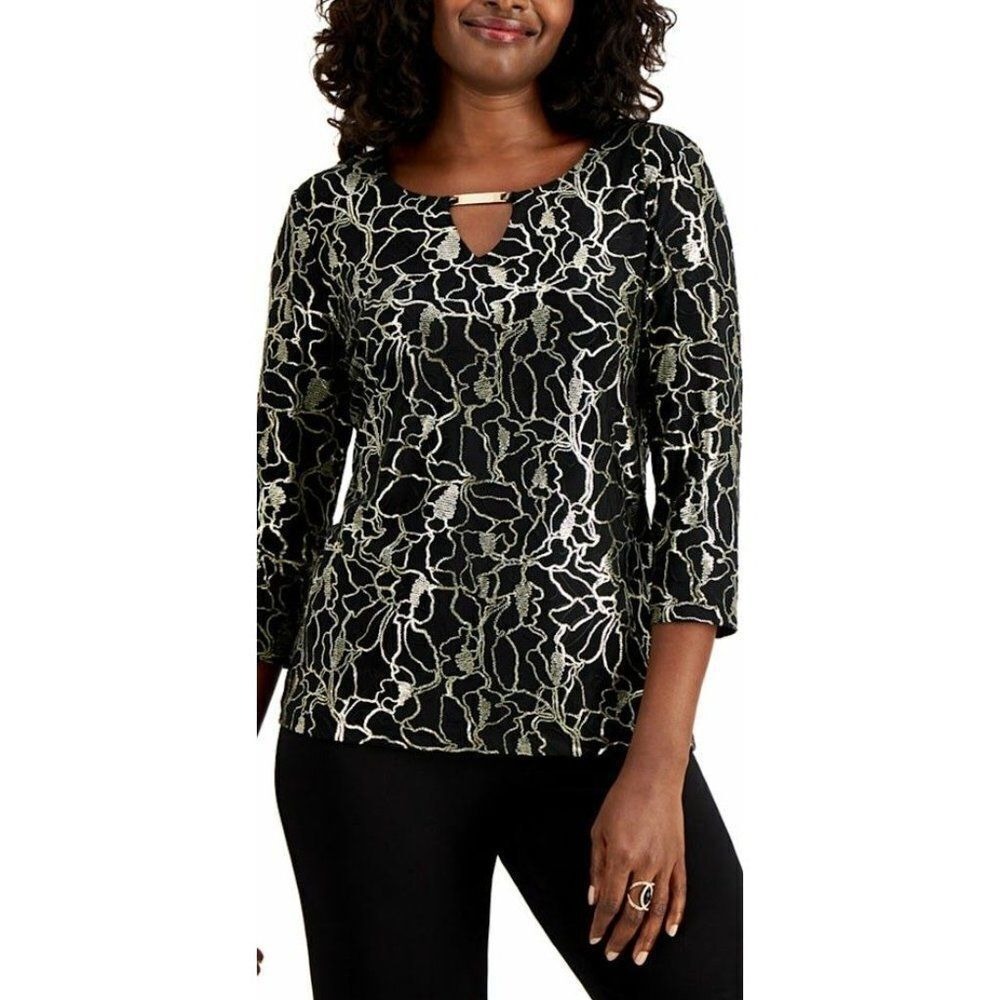 JM Collection Womens Black Gold Embellished Black 3/4 Sleeve Top Sz Small NEW